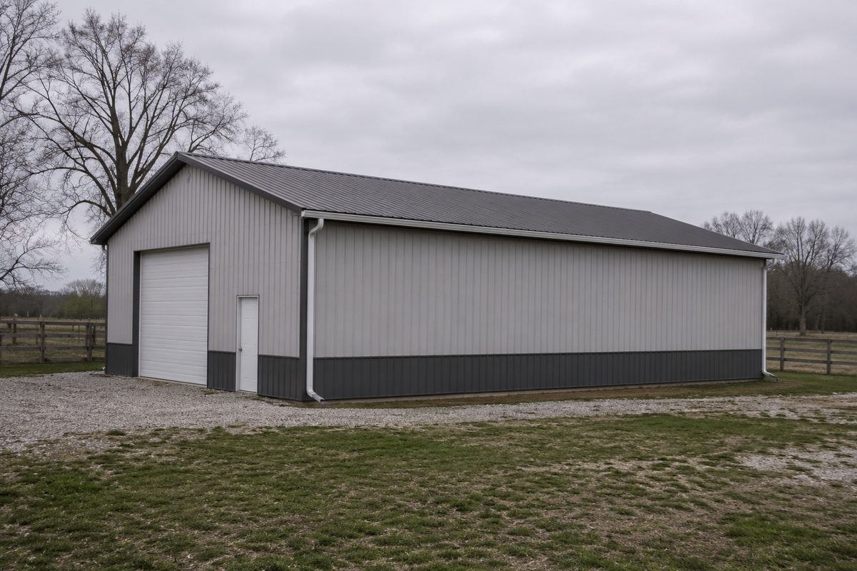 Metal outbuilding on a rural property with gutter running the length of the roofline